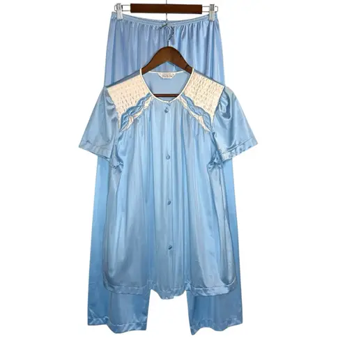 Vanity Fair Vintage Blue Satin Pajama Set Womens Medium Quilted Yoke Made In USA