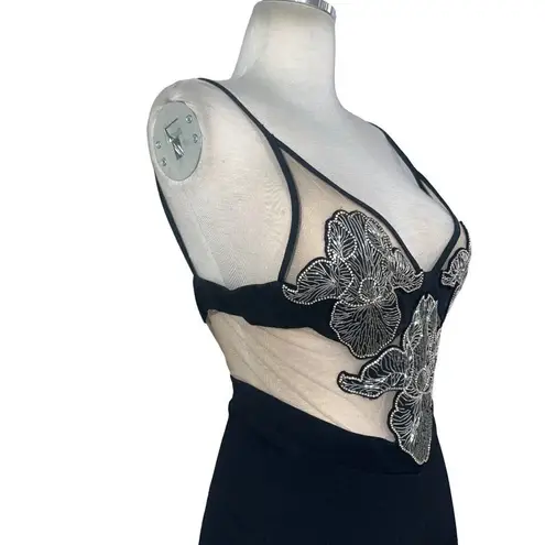 DAVID KOMA Crystal Flower Embroidered Patches Jumpsuit in Black Silver 2 New