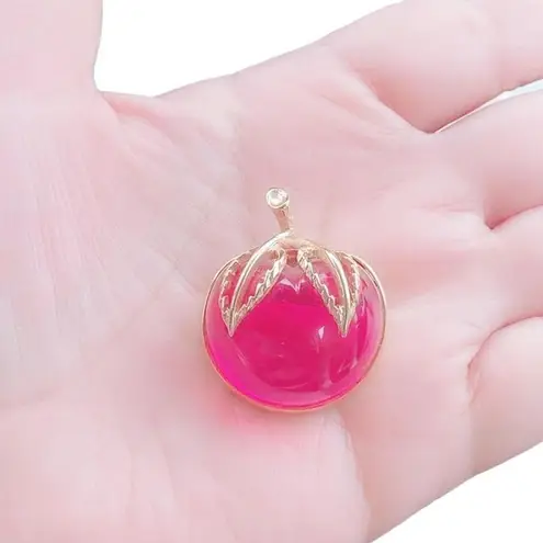 Sarah Coventry Ruby Red Cherry Brooch Pendant Charm Gold Tone Vintage