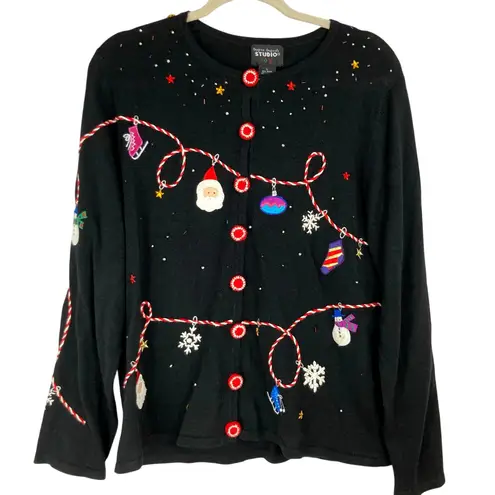 VTG Studio Joy Womens L Christmas Holiday Embroidered Sweater Santa Claus Winter Black Size L