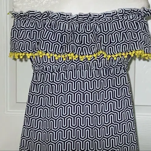 Mud Pie Maxi Dress Blue White Pattern Yellow Tassels Strapless Flowy Dress Small