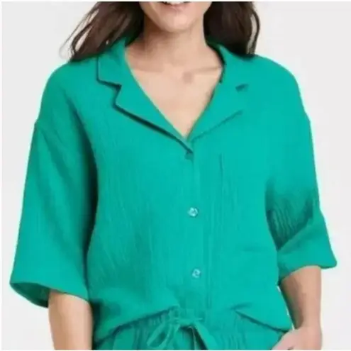 Stars Above NWT Women’s 100% Cotton Gauze Short Sleeve Notch Collar Green Shirt Sz M