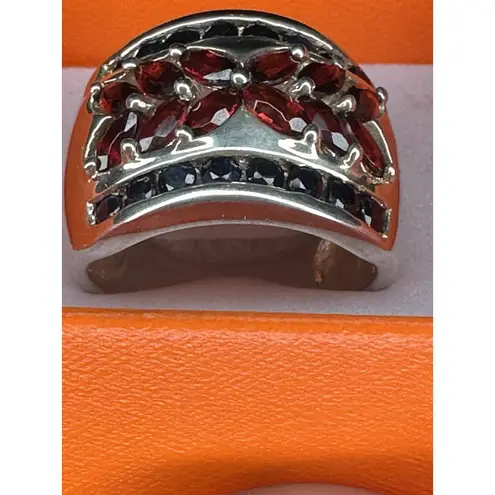 Sterling Silver Ladies Ring Garnets + Sapphires Gemstone Size 9 Wide Band