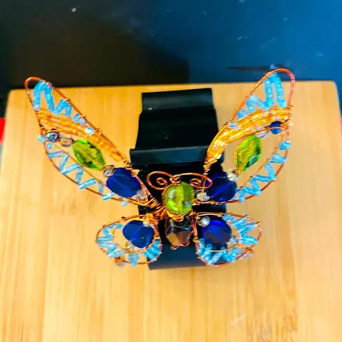 Handmade Copper Wire Wrapped Butterfly Pin Multi Color Beaded Statement Brooch Blue