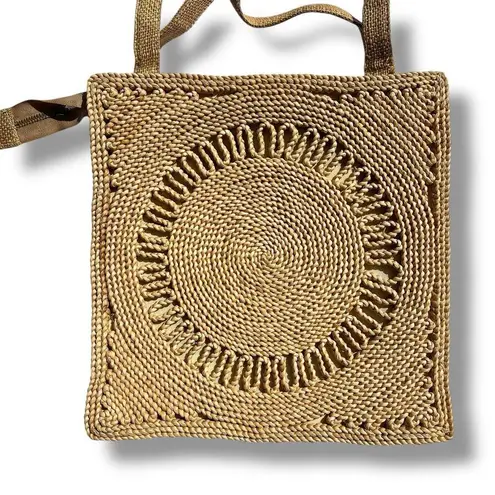 Boutique Vintage Straw Handbag Market Bag Tote Lined Square Zip Closure Tan Brown