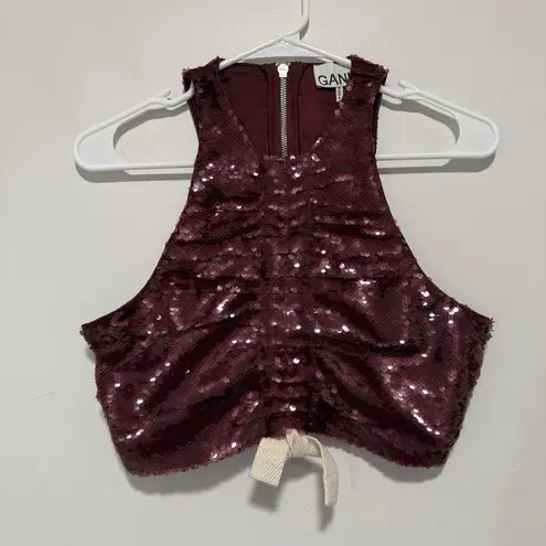 Ganni Sequined Ruched Crop Top in Port Royale Size 32