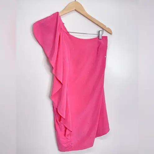 Madison Marcus One Shoulder Silk Pink Ruffle Mini Sequin Detailed Dress Size XS