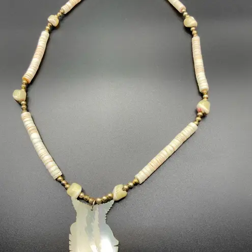 Vintage carved shell owl w/ Heishe shell necklace, matching screw back earrings White