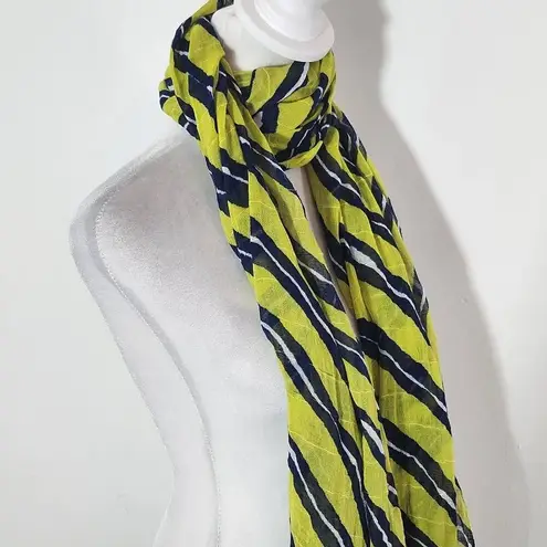 Navy and Lime Green Woven Boho Scarf Lightweight Frayed Edge Striped Scarf