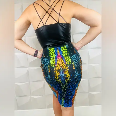 ALEXANDER MCQUEEN Rainbow Alligator Print Black Pencil Skirt Blue Size M