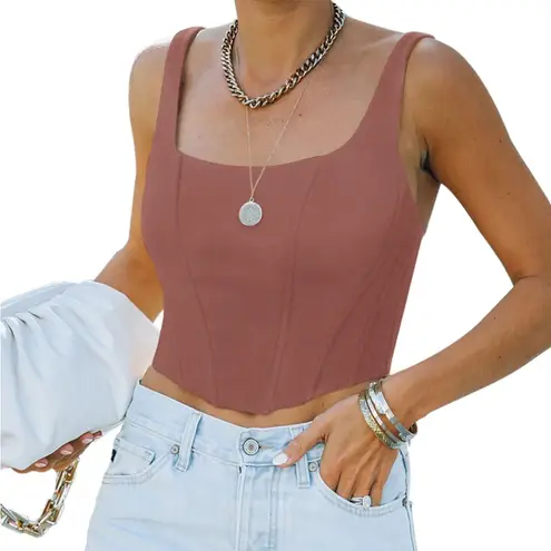 NWT REORIA Women’s Square Neck Bustier Corset Crop Tank Top Small Brown