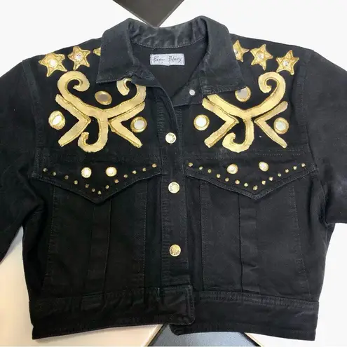Paris Blues Vintage Y2K Denim Jean Jacket Black Gold Glitter Stars Mirrored sz M