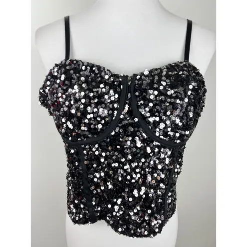 Sparkling Sequin Corset Top Black Strappy Bustier Evening Party Size L