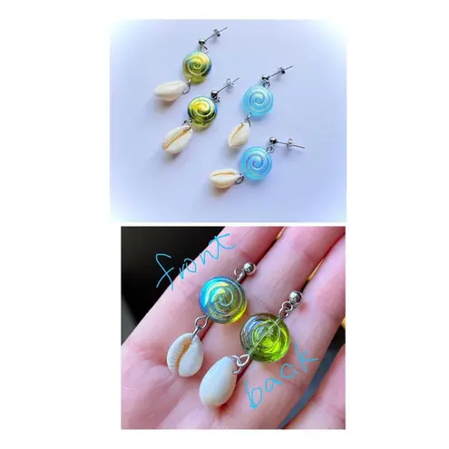 Handmade quality Czech glass beads snail shell & natural cowrie seashell dangle earrings 🌀💕