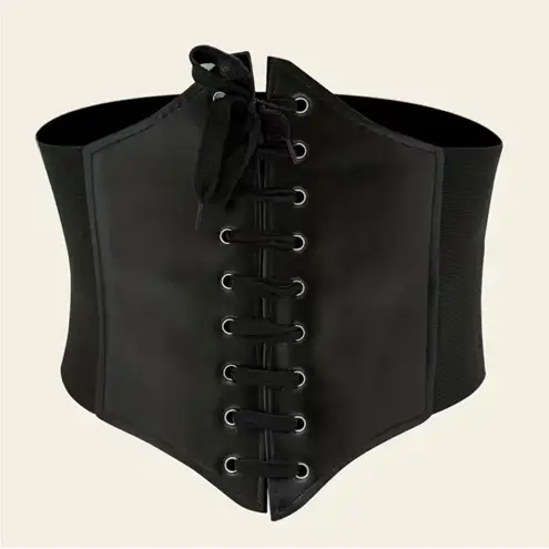 Plus Size Black Vintage Style Lace Up Faux Leather Elastic Back Closure