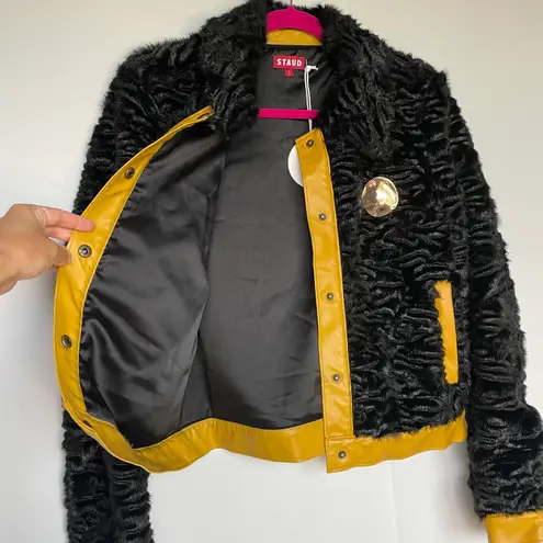 STAUD Buddha black faux shearling fur jacket w/ yellow leather trim size S small