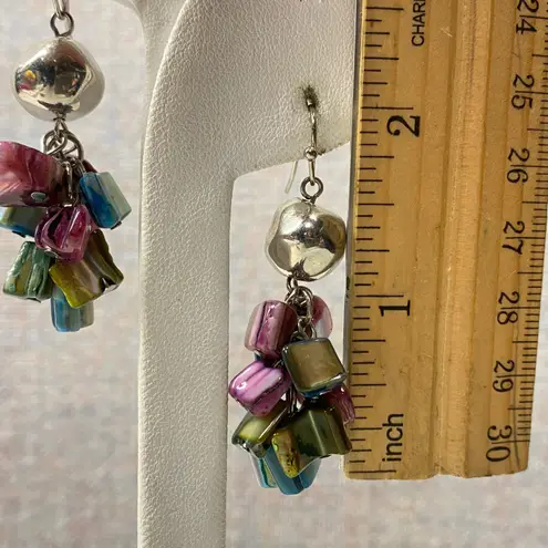 Boho Dangle Earrings Silver Tone Shell Beads Bell Sound Beach Vacation Coastal