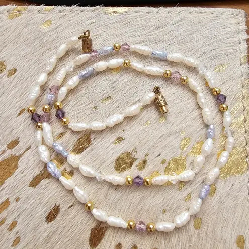 Freshwater White and Blue Pearl Pink Purple Crystal Bead Short Necklace