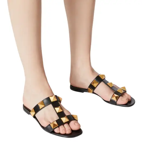 Valentino Garavani Roman Stud Calfskin Leather Slide Sandal Size 37.5