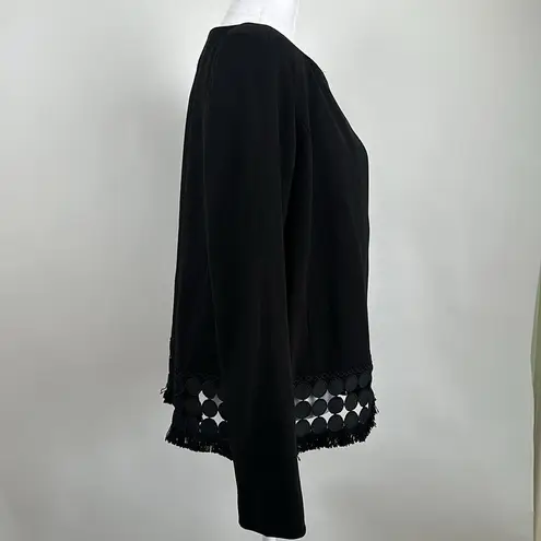 Dennis Basso Black Luxe Crepe Button Front Jacket Fringe Trim Size 4 NWT