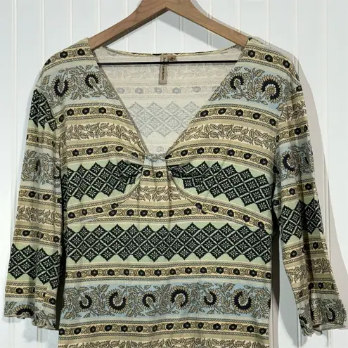 Susan Lawrence XL Top Boho Print Sweetheart Neck 3/4 Sleeve Made in USA Vintage