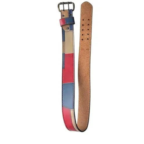 Vintage Multicolored Patchwork Tan Red & Blue Color Block Leather Belt Size 32