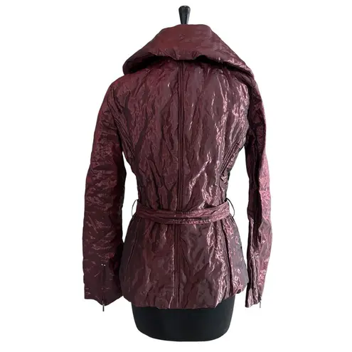 Cache Berry Metallic Sheen Jacket Lined Belt Puffer Exaggerated Collar NWT $238 Red Size M
