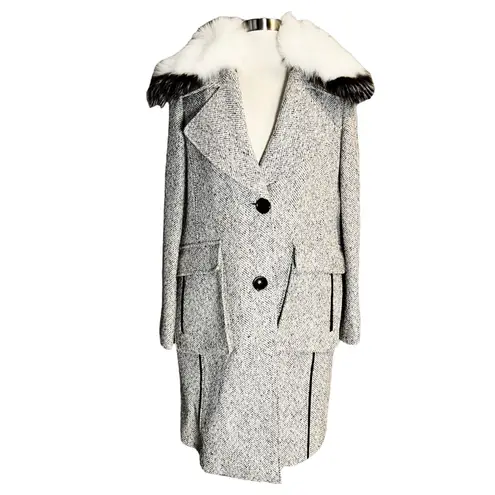 Derek Lam 10 CROSBY Tweed Coat Wool Fur Collar Pockets White Black Designer 8