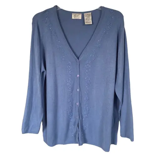 Kathie Lee cool blue long sleeve v-neck floral embroidered sweater with sequin