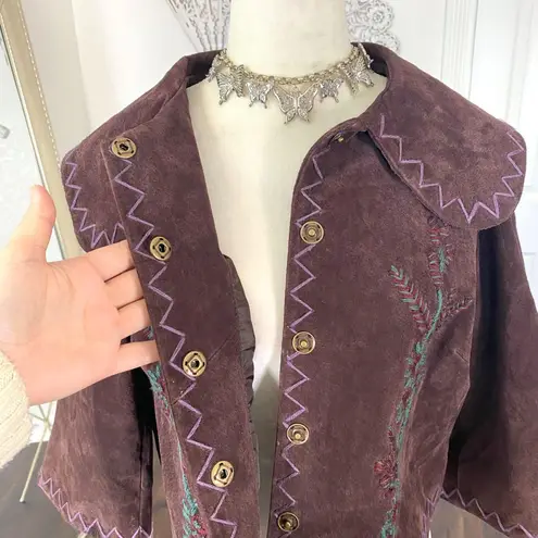 90s Whimsygoth Boho Floral Embroidered Bolero Suede Leather Cape Jacket 8 / M Brown Size M