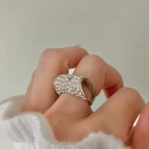 Silver Dome Roll Rhinestone Pave Ring “Bellisima” Sparkly Glam Cluster Cocktail Jewelry