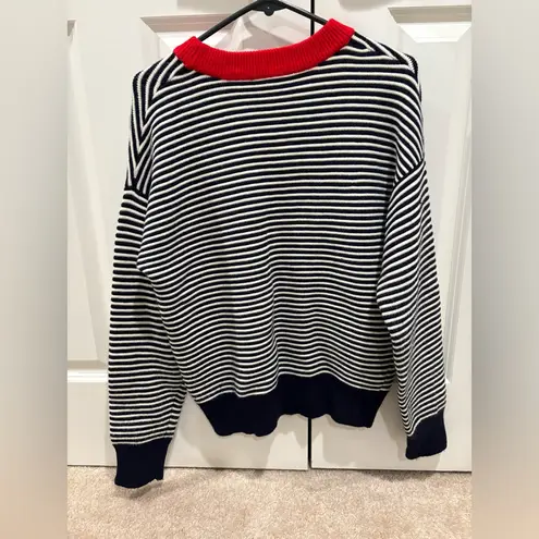 Elodie Navy & White Striped Sweater with Red Ribbed Collar