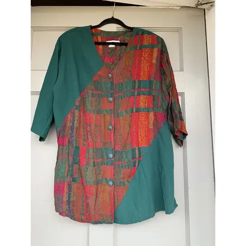 C.M. Shapes Dark Red and Green Plaid Button