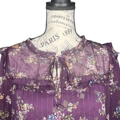 Fortune + Ivy PETITE SMALL Metallic Ruffle Tie Neck Sheer Arm Long Sleeve Blouse