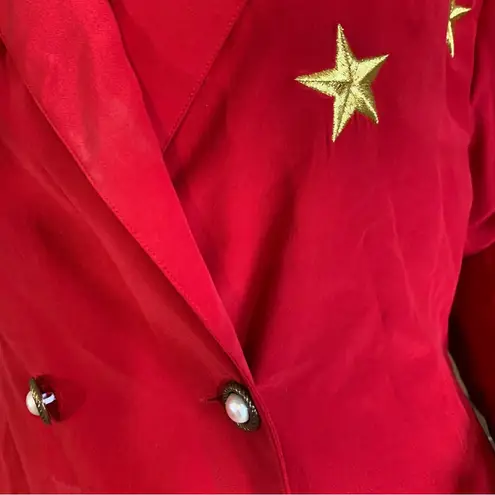 VINTAGE 1990'S SUNNY LEIGH RED SILK BLAZER BLOUSE W/GOLD EMBROIDERED STARS (M) Size M