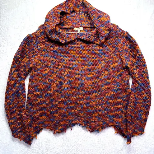 Kori America Fall Multicolor Chunky Knit Hooded Sweater Zigzag Fringe Boho S/M