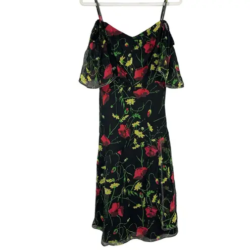 GREY by Jason Wu Black Floral Chiffon Silk Off Shoulder Midi Dress Size 6