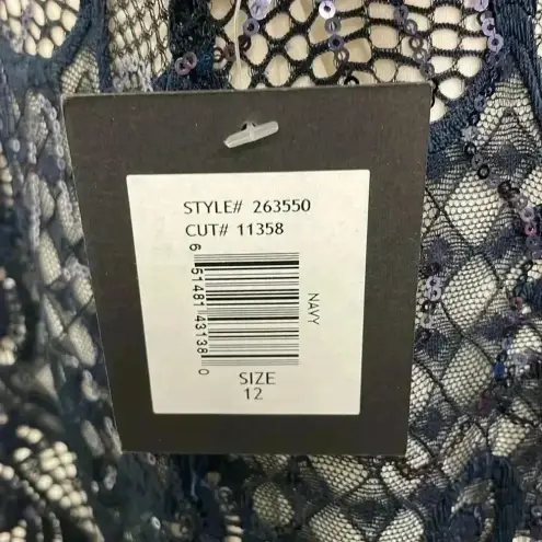 MARINA Navy Blue Open Back Lace Sequined Dress Womens Size 12 NWT