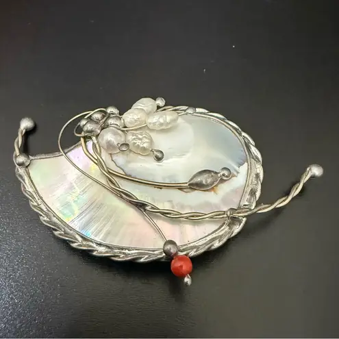 Vintage Unsigned Handcrafted Silver Mother of Pearl Wire Rice Pearl Coral Brooch