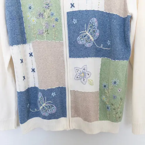 VTG Alfred Dunner Womens Sweater Size S Cream Butterfly Floral Cottage Patchwork