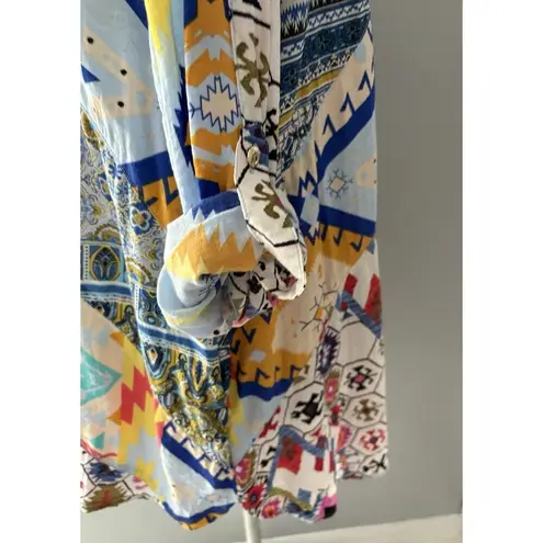 Calessa Top Size 1X Multicolor Aztec Button Front Southwestern Abstract Roll Tab Blue