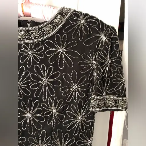 Laurence Kazar Womens Silk Top Black Silver Sequin beaded Lined vintage size M