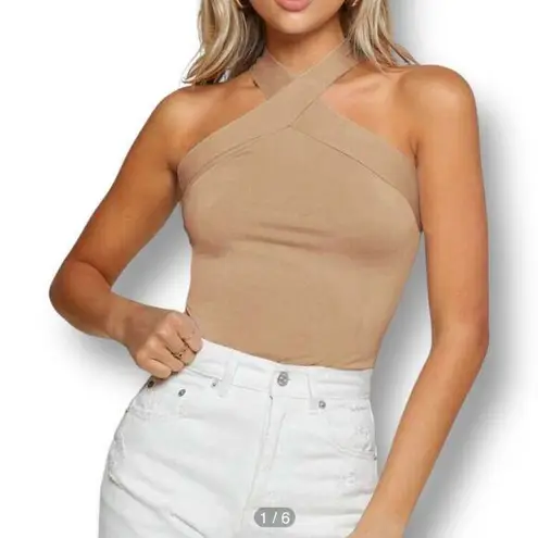 SHEIN BAE S Beige Criss‑Cross Halter Top NWT Cross Neck Y2K Clubwear Chic Tan