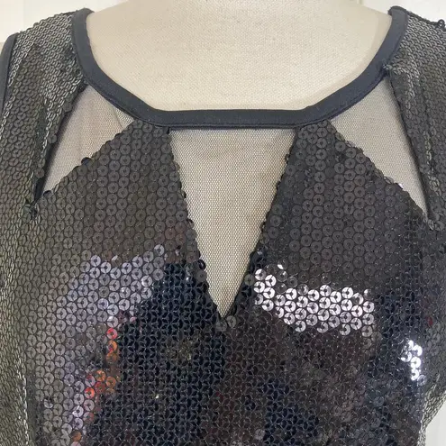 Olsenboye Black sequin short shift dress, medium sleeveless mesh cutout Little Black Dress