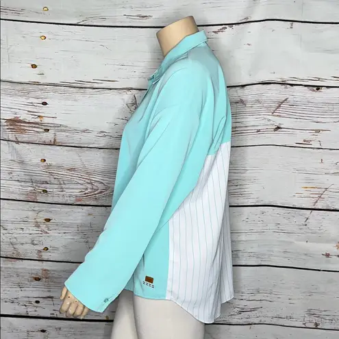 Peace Love World Size XL Turquoise - White Stripe Button Up Blouse Top