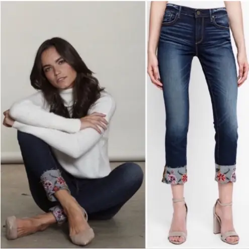 Driftwood Colette Stretch Denim Embroidered Floral Cuffed Crop Straight Jeans 32