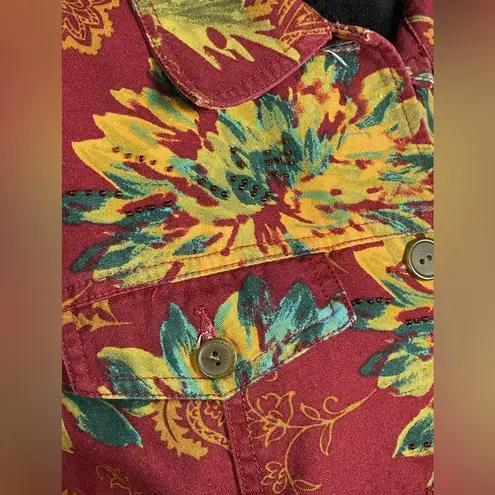 Coldwater Creek Women’s Red Floral Bead Jean Jacket Floral Collar Button Med