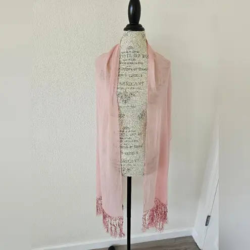 Echo Sheer Silk Pink Scarf with Fringe Long Neck Scarf With Tassels