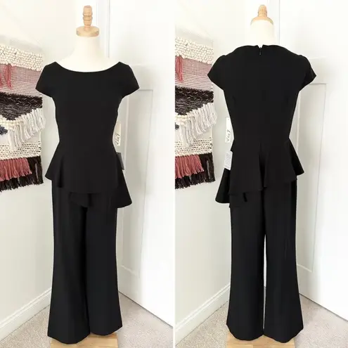 Eliza J  Cap Sleeve Ruffled Peplum Waist Crepe Wide Leg Jumpsuit Black Size 6 NWT