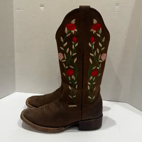 Valeria Boots Brown Square Toe Embroidered Rose Cowboy Western Boots Size 7